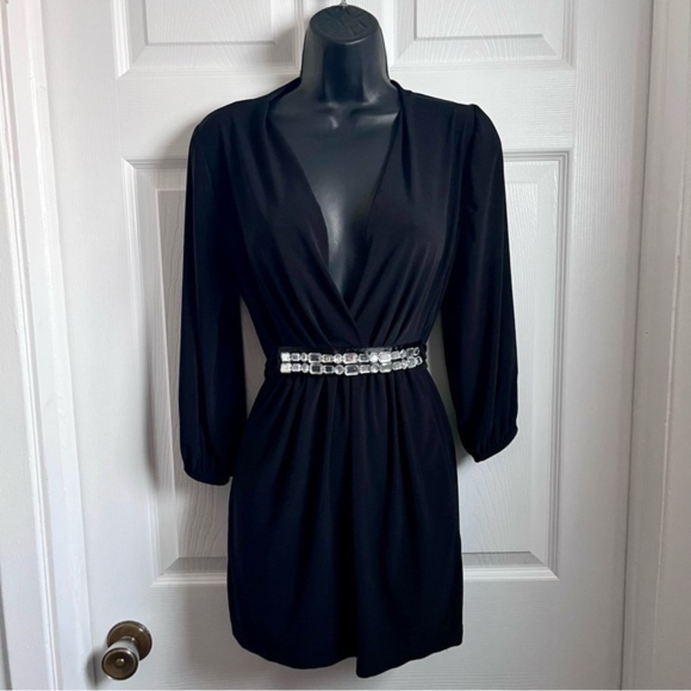 3/25$💥 American City Wear long top v neck black shirt belt chic cocktail Large